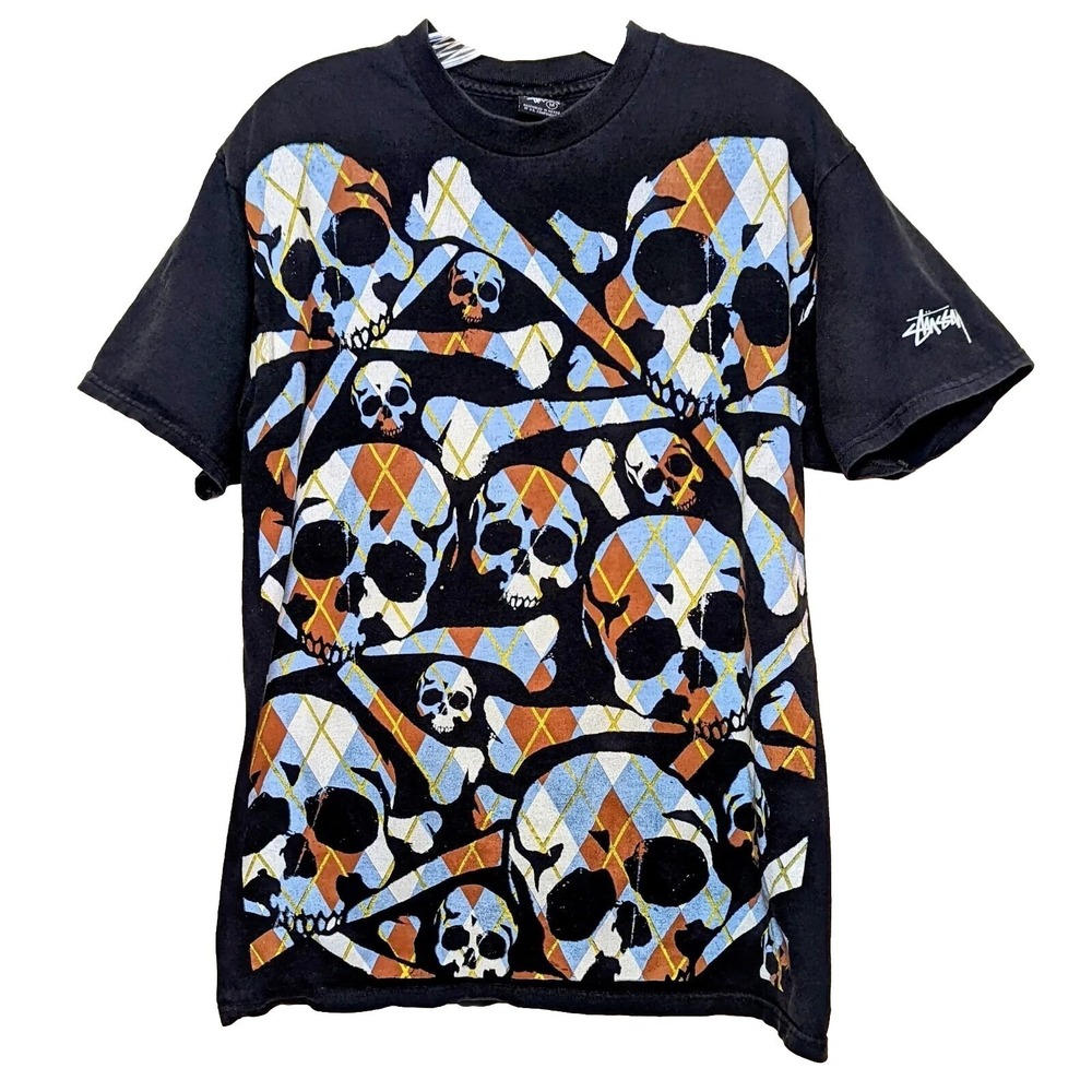Vintage Stussy Skull Crossbone Argyle 2006 All Over Print Fade Y2K Shirt Medium